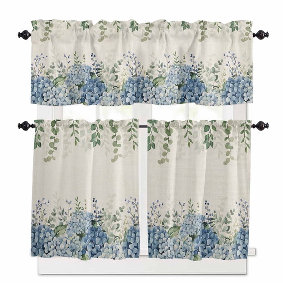 Spring Hydrangea Kitchen Curtains Valances and Tiers Set of 3 Blue Flower Green Leaf Vintage Linen Plant Tier Curtains and Valance for Kitchen Bathroom Small Windows 27.5"W x 24"L (Pack of 3)