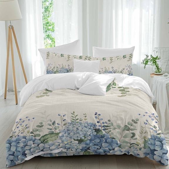 Spring Hydrangea Queen Size Comforter Set, Blue Flower Green Leaf Vintage Linen Plant Bedding for All Seasons, 4 Pcs Bed Set, 1Quiltcover (90"x92") ,1Sheet(94"x116"), 2Pillowcases (30"x20")