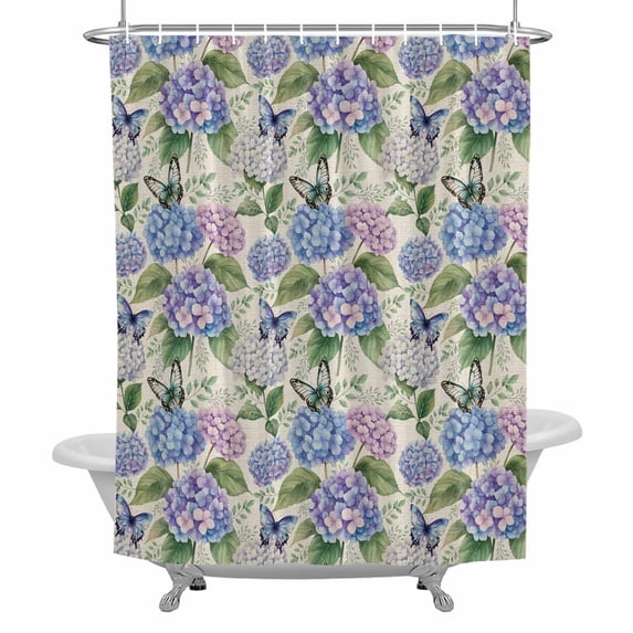 Spring Hydrangea Shower Curtain for Bathroom, Watercolor Purple Pink White Floral Leaf Linen Texture Waterproof Cloth Fabric Bathroom Accessories Set with 12 Rust Proof Plastic Hooks, 72"x84"