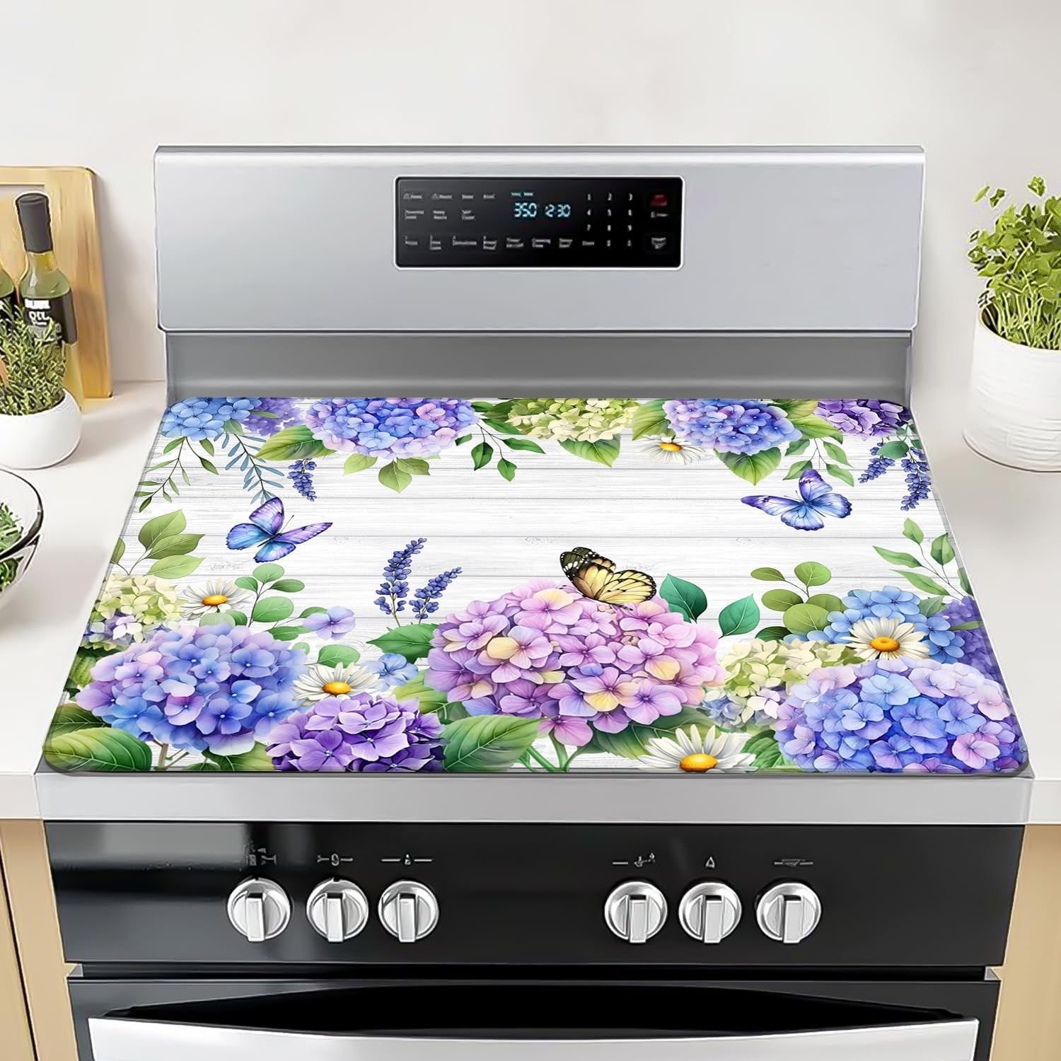 Spring Hydrangea Stove Top Cover Blue Flowers Gas Stove Top Cover for Home Decoration Kitchen Pad Floral Non-Stick Washable Cooktop Covers Countertop Protector Keep Stove Clean White