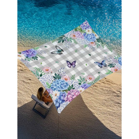 Spring Hydrangea Sun Shade Sail 6.5' x 10', Vintage Watercolor Butterfly Floral Green Leaves Grey Plaid Rectangle Outdoor Sunshade Canopy, Waterproof UV Block Patio Covers for Garden Yard Beach