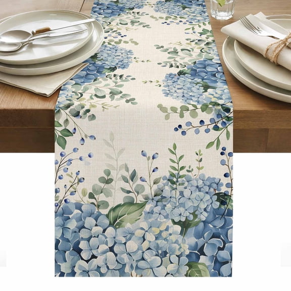 Spring Hydrangea Table Runner 13 x 36 Inch, Blue Flower Green Leaf Vintage Linen Plant Washable Cotton Linen Dining Table Runner Tabletop Decorations for Restaurant Home Kitchen Party