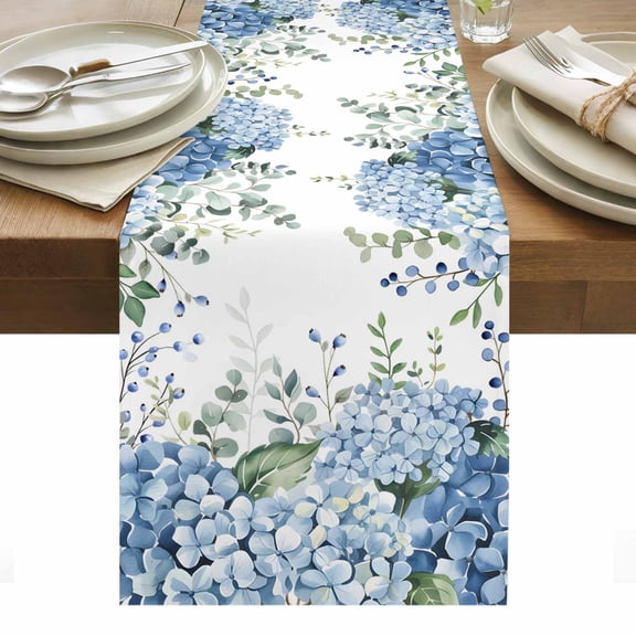 Spring Hydrangea Table Runner 13 x 60 Inch, Blue Flower Green Eucalyptus Leaves Plant Washable Cotton Linen Dining Table Runner Tabletop Decorations for Restaurant Home Kitchen Party