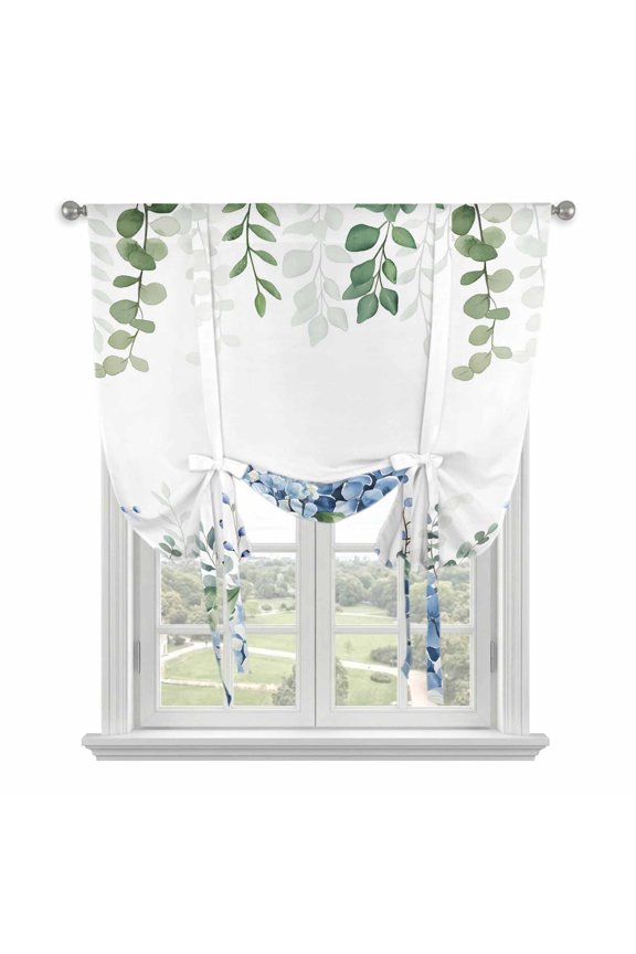 Marine Life Tie Up Curtain for Window, Blue Shell Starfish Coral Eucalyptus Leaves Vintage Wood Grain Adjustable Tie Up Balloon Curtain Valances Window Treatment for Kitchen Bathroom 42"x54"