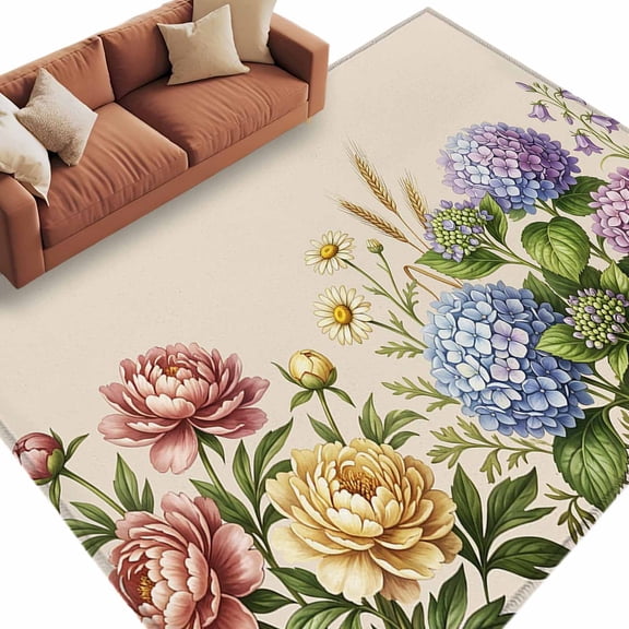 Spring Hydrangeas Area Rug 8x10 Washable Rug Non Slip Watercolor Summer Floral Botanical Rustic Large Area Rug Soft Stainresistant Carpet for Living Room Bedroom Home Office Dining Room Nursery