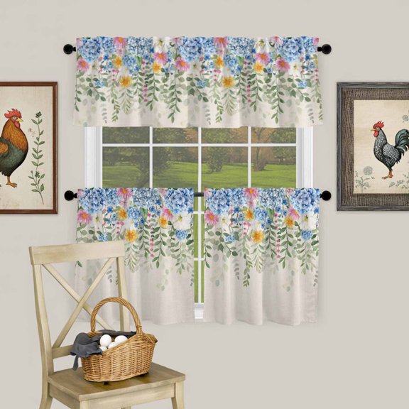 Spring Hydrangeas Eucalyptus Leaves Curtain Tier and Valance Set 3 Piece, Vintage Botantical 3-inch Rod Pocket Window Tier Curtains Valance for Kitchen Living Room