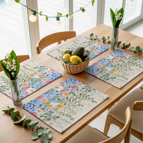 Spring Hydrangeas Eucalyptus Leaves Placemats Set of 4,Wipeable Washable Table Mats for Dining Tables, Vintage Botantical Place Mats for Kitchen Event Party Tabletop Decor