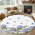 thumbnail image 1 of Spring Hydrangeas Round Area Rug 7Ft Washable Circle Rugs for Dorm Laundry Room, Purple Floral Butterfly Leaves Non-Slip Carpet Floor Mats Indoor Outdoor Carpet Runner Aesthetic Home Decor, 1 of 8