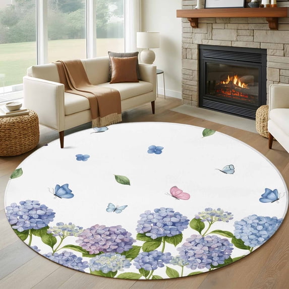 Spring Hydrangeas Round Area Rug 7Ft Washable Circle Rugs for Dorm Laundry Room, Purple Floral Butterfly Leaves Non-Slip Carpet Floor Mats Indoor Outdoor Carpet Runner Aesthetic Home Decor