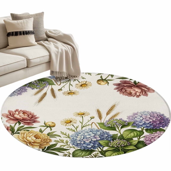 Spring Hydrangeas Round Rug 3ft Washable Circle Entryway Rugs Non Slip Summer Floral Botanical Rustic Vintage Area Rug Indoor Carpet for Bedroom Kitchen Living Room Home Office Dining Room Nursery
