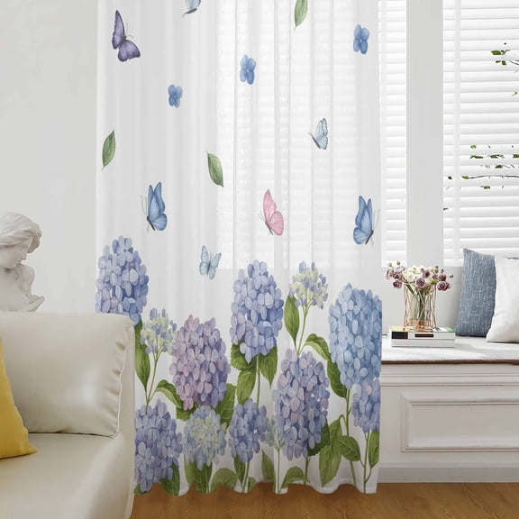 Spring Hydrangeas Semi Sheer Curtains Drapes for Living Room, Bedroom, French Doors Window 84 Inches Long, Purple Floral Butterfly Leaves Rod Pocket Chiffon Curtain Drapery Voile Draperies Panel
