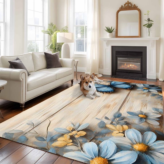 Spring Idyllic Wood Grain Area Rugs 5x7 ft Daisy Blue Butterfly Washable Rug Non Slip Indoor Carpet Absorbent Floor Mat for Living Room Bedroom Dining Room