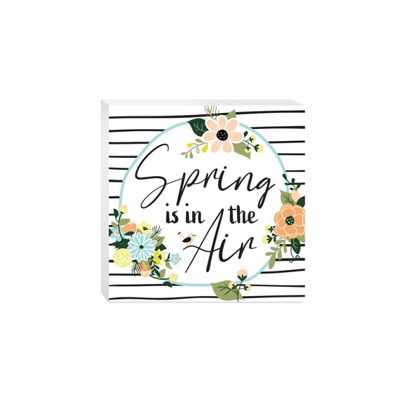 Spring In Air Orange Blue Floral Stripe 10 x 10 Wood Tabletop Sign Plaque