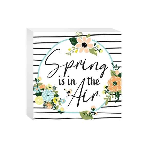 Spring In Air Orange Blue Floral Stripe 5 x 5 Wood Tabletop Sign Plaque