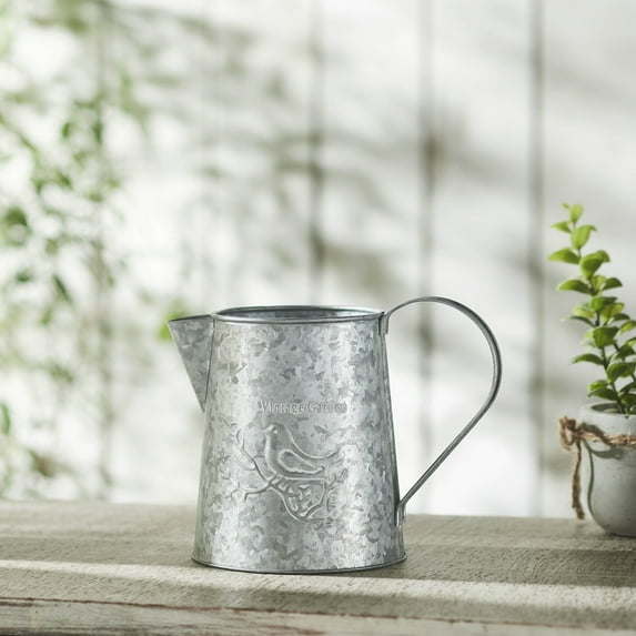VHC Brands Spring in Bloom Galvanized Metal Vintage Garden Bird Decorative Pitcher 6.75x8.75, Spring Decor, Home Container Decorations, Spring and Easter Decoration