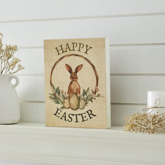 VHC Brands Spring in Bloom Happy Easter Bunny & Eggs in Wreath MDF Wall Sign 8x10, Easter Decor, Home Decorations for Wall or Door, Spring and Easter Hanging Decoration