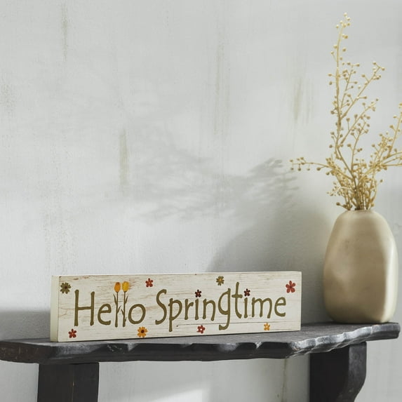 VHC Brands Spring in Bloom Hello Springtime w/Flowers MDF Wall Sign 3x14, Spring Decor, Home Decorations for Wall or Door, Spring and Easter Hanging Decoration