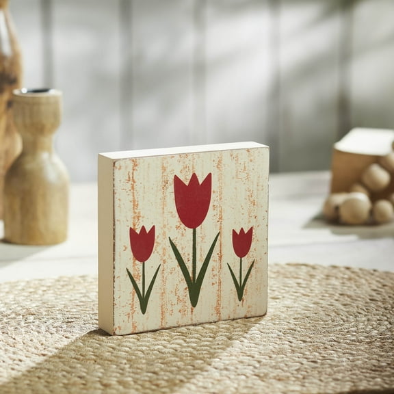 VHC Brands Spring in Bloom Red Tulips Distressed Antique White MDF Block Sign 5x5x1