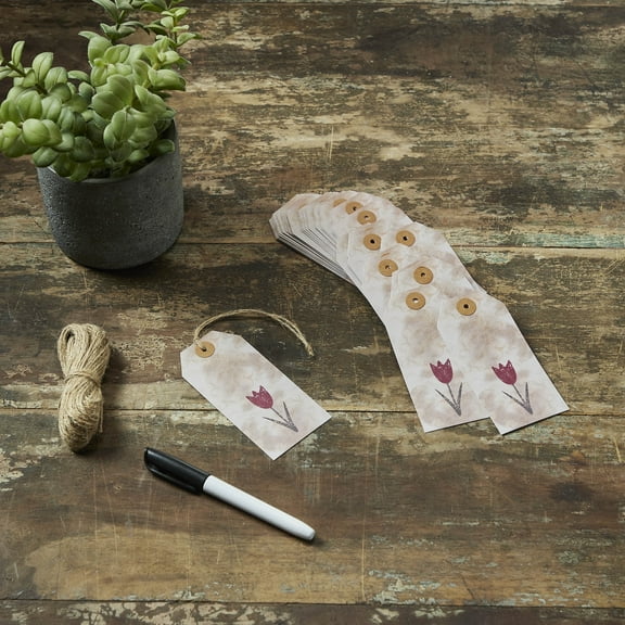 VHC Brands Spring in Bloom Tea Stained Red Tulip Paper Tag 9pt w/Twine Set of 50 2.25x4.75, Spring and Easter Gift Tags, Small Hanging Spring and Easter Decor