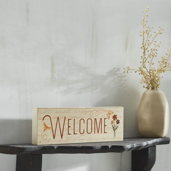 VHC Brands Spring in Bloom Welcome w/Butterfly & Bee MDF Wall Sign 4x12, Spring Decor, Home Decorations for Wall or Door, Spring and Easter Hanging Decoration
