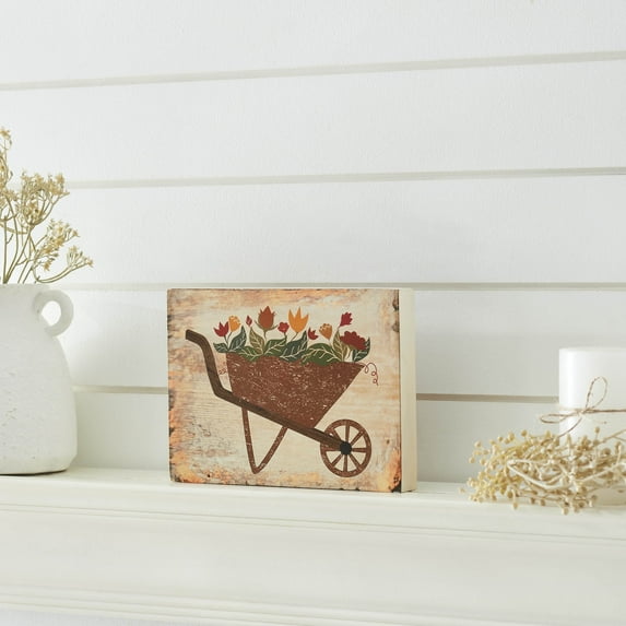 VHC Brands Spring in Bloom Wheelbarrow of Flowers MDF Block Sign 6x8, Spring Decor, Home Decorations for Wall or Door, Spring and Easter Hanging Decoration