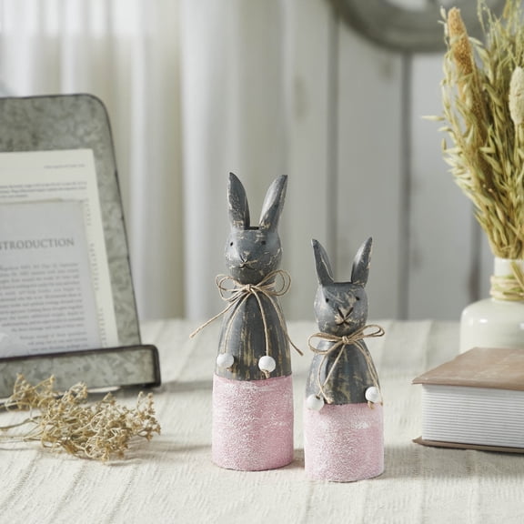 VHC Brands Spring in Bloom Wooden Cone Bunnies w/Pink Base Set of 2 Sizes 2.75x9.45 and 2.75x7.5, Spring Decorations, Home and Table Decor, Spring and Easter Figurines