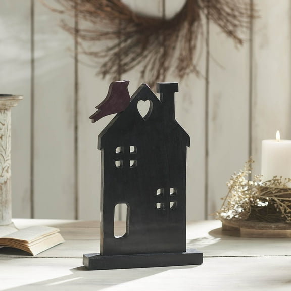 VHC Brands Spring in Bloom Wooden Prim House w/Bird On Roof 14x9x2