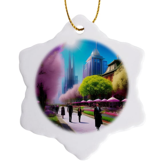 3drose, Spring in Fantasy City. Pink Blooming Trees, People in the Street, 3 inch Snowflake Porcelain Ornament