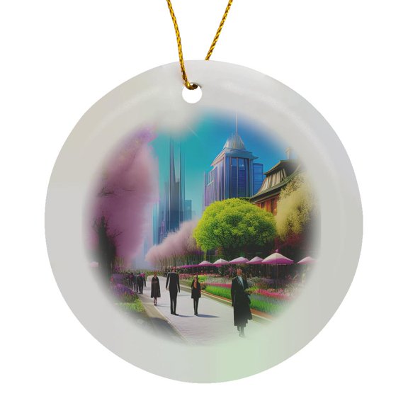3drose, Spring in Fantasy City. Pink Blooming Trees, People in the Street, Circle Porcelain Ornament