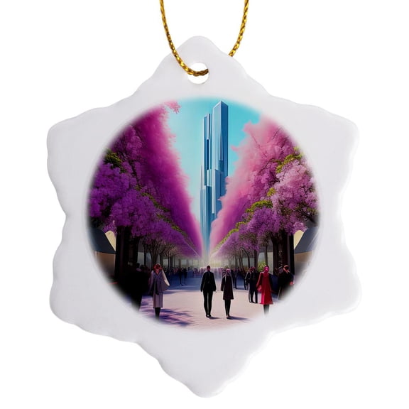 3drose, Spring in Fantasy City. Pink Trees, People, Blue Skyscraper Art Gift, 3 inch Snowflake Porcelain Ornament