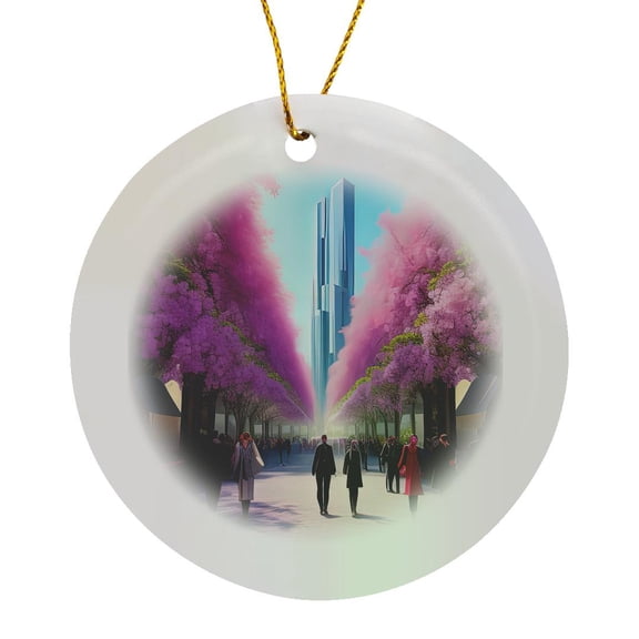 3drose, Spring in Fantasy City. Pink Trees, People, Blue Skyscraper Art Gift, Circle Porcelain Ornament