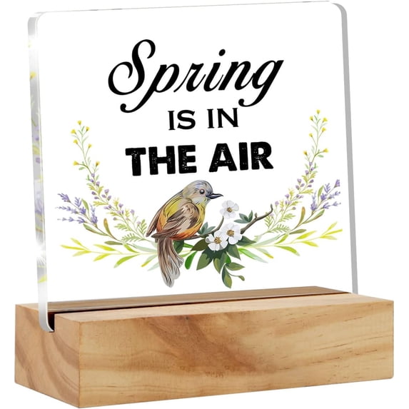 Spring In The Air Desk Decor,Spring is in The Air Acrylic Plaque Sign with Wooden Stand Table Desk Decor for Farmhouse Home Office Kitchen Tabletop Decor 4x4 Inch