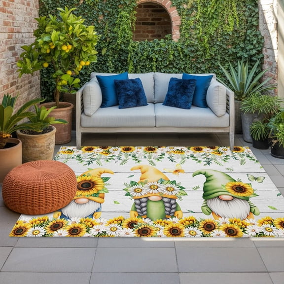 Spring Indoor Outdoor Rugs 5x7 Ft, Pastoral Sunflowers Daisy Gnomes Leaves Grey Wood Outdoor Patio Rugs Mat Washable Outside Area Rugs Carpet for Porch Deck RV Camping Pool Balcony Backyard