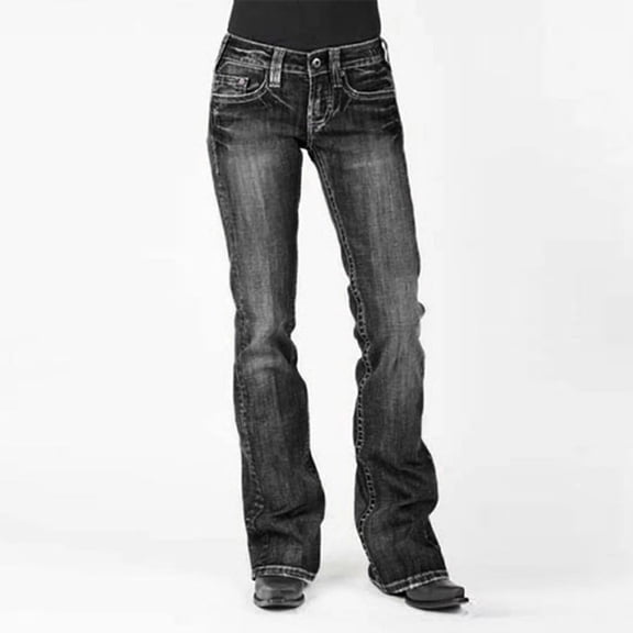 AXXD Womens Pants Mid Waisted Denim Jeans Embroidery Stretch Button Straight Jeans Jumpsuits For Women Black 14