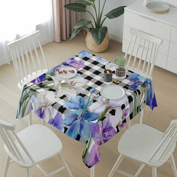 Spring Iris Flowers Lilies Table Cloth 54x54in, Waterproof Square Tablecloth Wipeable Tablecloths Black And White Stripes Table Covers for Dining Tables Party Indoor Outdoor