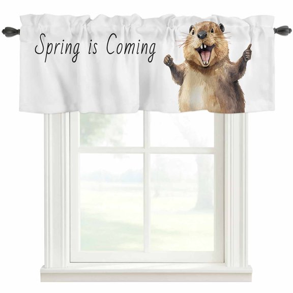 Spring Is Coming Window Valance Curtain Brown Groundhog Rod Pocket Short Curtain for Living Room, Bedroom & Kitchen Window Decor 42x12in