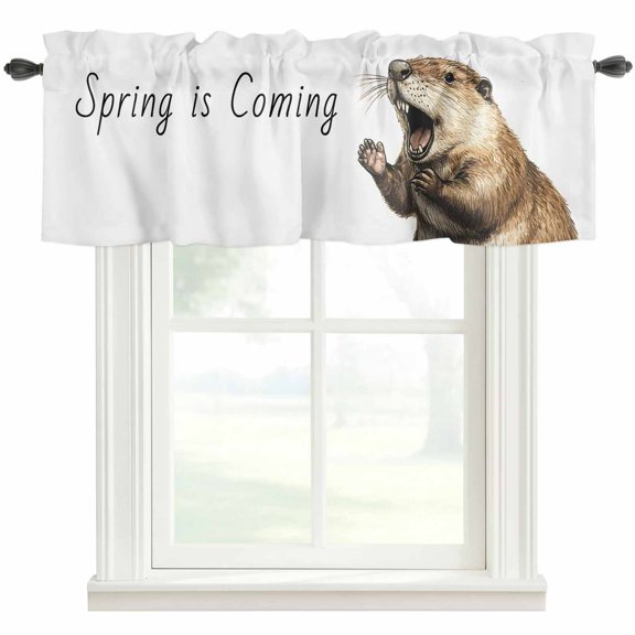 Spring Is Coming Window Valance Curtain Cute Groundhog Rod Pocket Short Curtain for Living Room, Bedroom & Kitchen Window Decor 42x12in