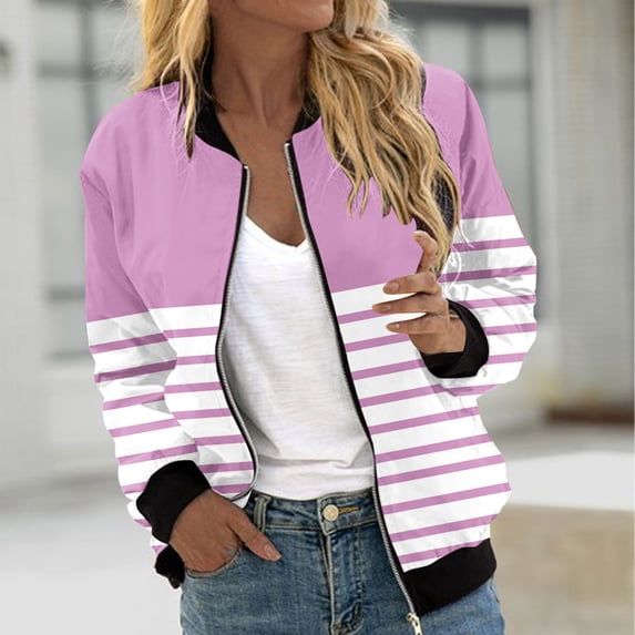 Spring Jackets For Women Casual Fashion Striped Patchwork Pockets Zip Up Top Jacket For A Preppy Everyday Look Light Jackets For Women