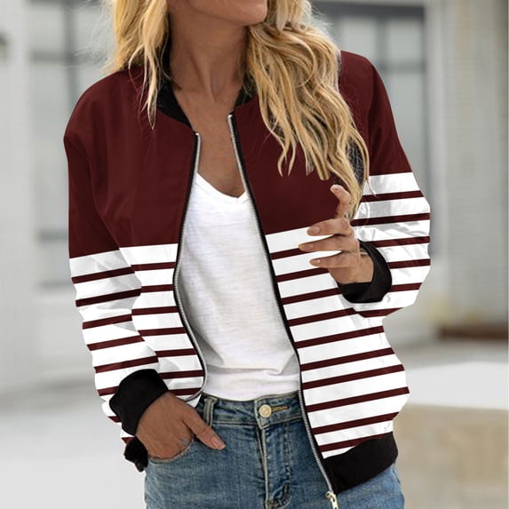 Spring Jackets For Women Casual Fashion Striped Patchwork Pockets Zip Up Top Jacket For A Preppy Everyday Look Light Jackets For Women