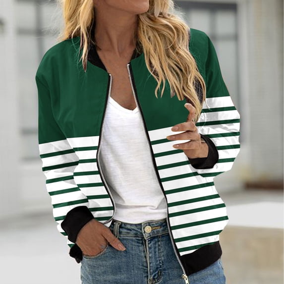Spring Jackets For Women Casual Fashion Striped Patchwork Pockets Zip Up Top Jacket For A Preppy Everyday Look Light Jackets For Women