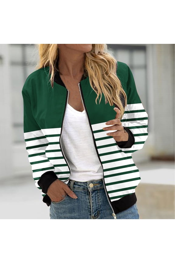 Spring Jackets For Women Casual Fashion Striped Patchwork Pockets Zip Up Top Jacket For A Preppy Everyday Look Light Jackets For Women