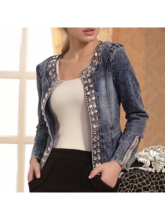 Spring Jackets for Women Stretchy Denim Jackets with Rhinestones & Sequin Y2k Women Jeans Coats (Blue S)