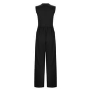 BSYOUFIER Spring Jumpsuits For Women 2024 Casual Summer Solid Color Wide Leg Round Neck High Waist Straight Slim Fit Waisted Jumpsuit Black XS