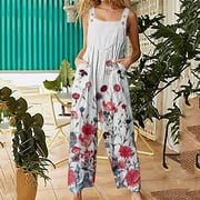 BSYOUFIER Spring Jumpsuits for Women 2024 Clearance Deals Women Casual Boho Print Pocket Romper Long Playsuit Strap Button Jumpsuit , Onesie for Women , Jumpsuits for Women White XXL