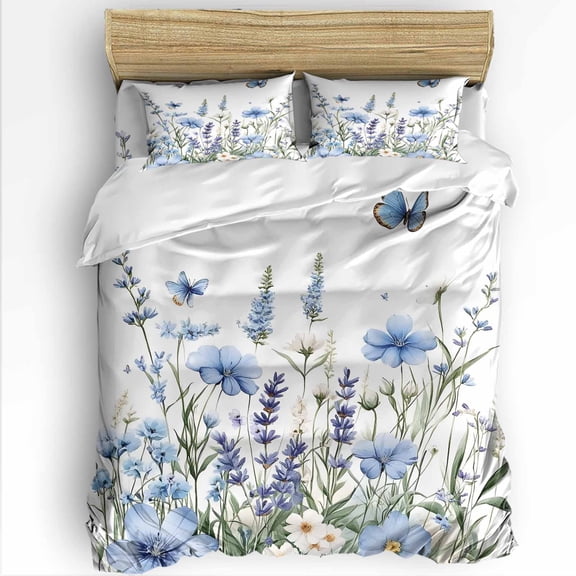 Spring King Size Comforter Set, Blue Wildflowers Lavender Field Butterfly Rustic Soft Bedding for All Seasons, 4 Pcs Bed Set with 1Comforter (90"x106") ,1 Sheet(94"x116"), 2 Pillowcases (19"x35")