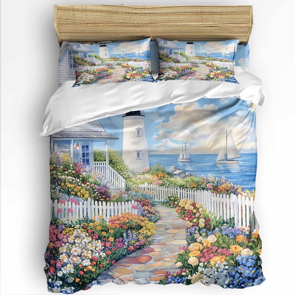 Spring King Size Comforter Set, Colorful Flowers Town Beacon Country Scenery Soft Bedding for All Seasons, 4 Pcs Bed Set with 1Comforter (90"x106") ,1 Sheet(94"x116"), 2 Pillowcases (19"x35")