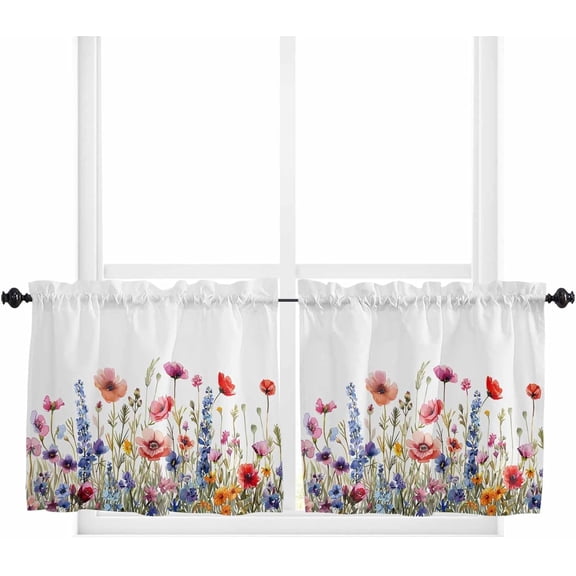 Spring Kitchen Curtains,Floral Wildflowers Country Farmhouse Kitchen Valances Short Cafe Tier Curtains for Living Dining Room Decor Rod Pocket Window Drapes 24 Inch Length 2 Panels Set