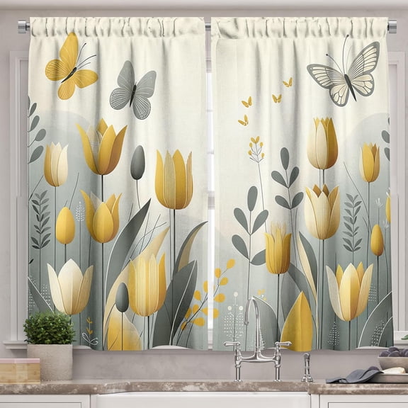 Spring Kitchen Curtains, Modern Scandi Art Tulip Flowers with Leaves and Dancing Butterfly Garden, Window Drapes 2 Panel Set for Kitchen Cafe Decor, 55" x 39", Earth Yellow Blue Grey