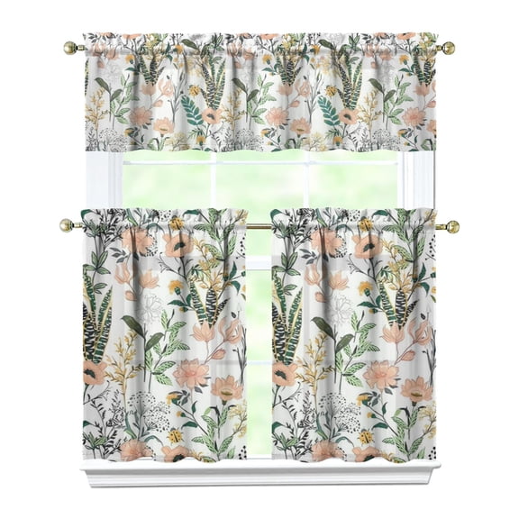 Spring Kitchen Curtains Set Tier and Valance, Vintage Botanical Floral Wildflower Print, Modern Farmhouse Autumn Leaves Bloom Pattern with Watercolor Artistic Design for Kitchen or Nursery