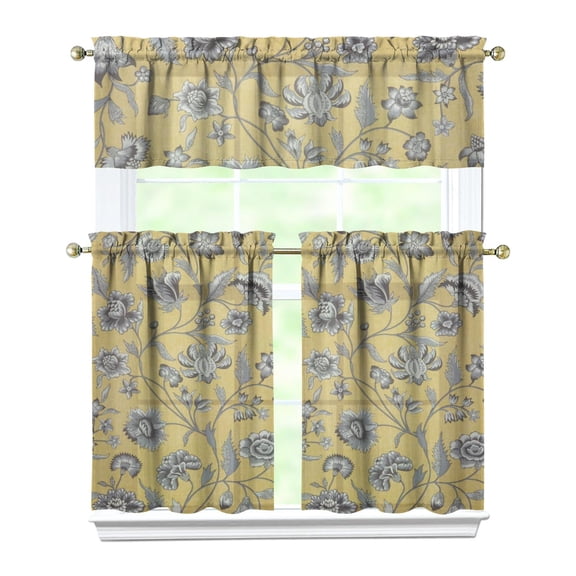 Spring Kitchen Curtains Set Tier and Valance, Vintage Botanical Floral Wildflower Print, Modern Farmhouse Autumn Leaves Bloom Pattern with Watercolor Artistic Design for Kitchen or Nursery